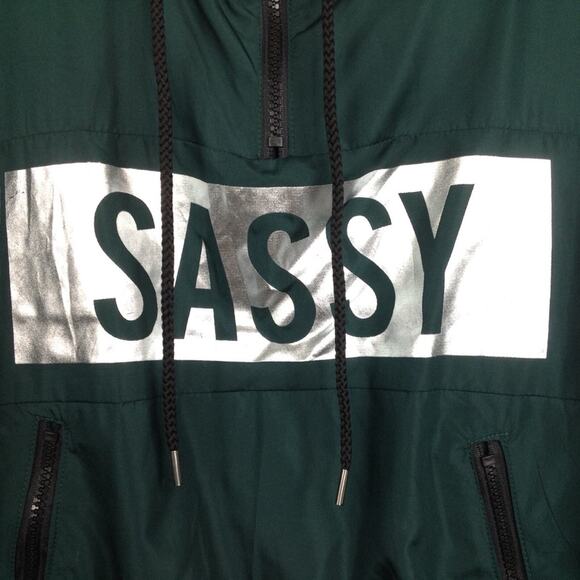 Rue 21 SASSY Cropped Windbreaker Hoodie Jacket Green Silver Small - Picture 3 of 9